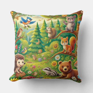 Coussin Scène fantaisiste de la forêt avec des animaux mig
