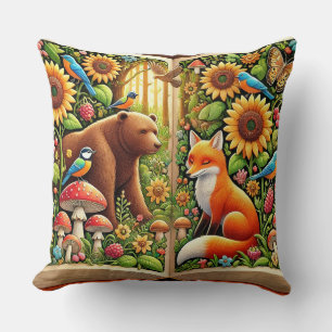 Coussin Scène forestière avec ours, renard, tournesols