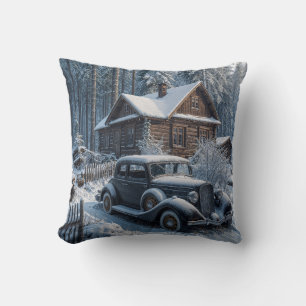 Coussin Scène hivernale d'une cabane enneigée dans les boi
