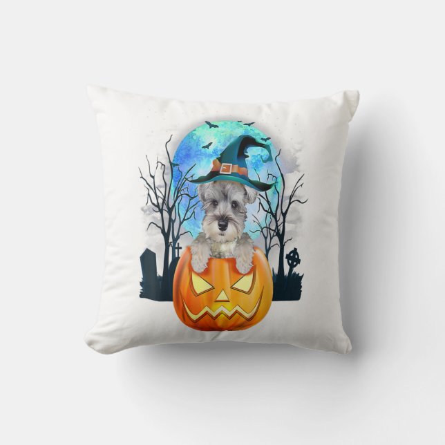 Coussin Schnauzer Dog Witch Hat Halloween Pumpkin Gift (Recto)