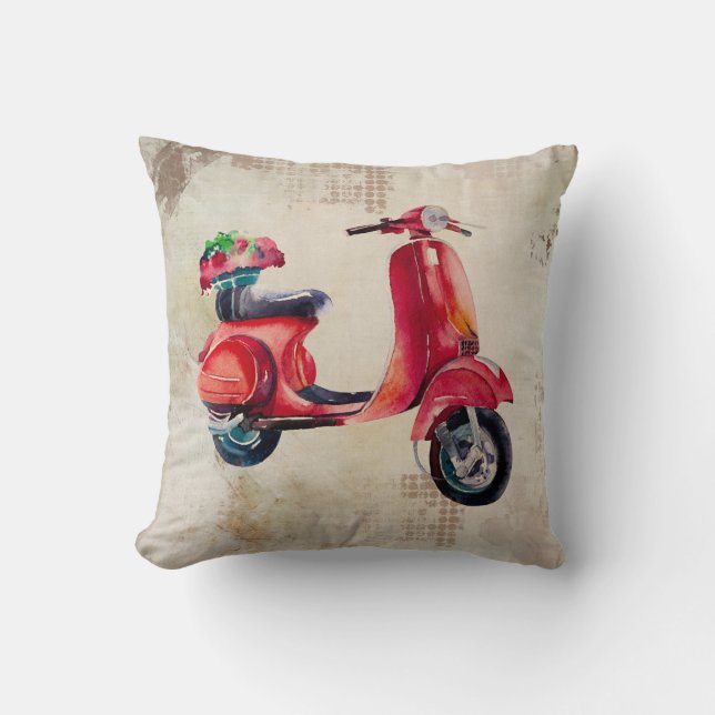 Coussin Scooter aquarelle en rouge avec fleurs sur le dos (Recto)