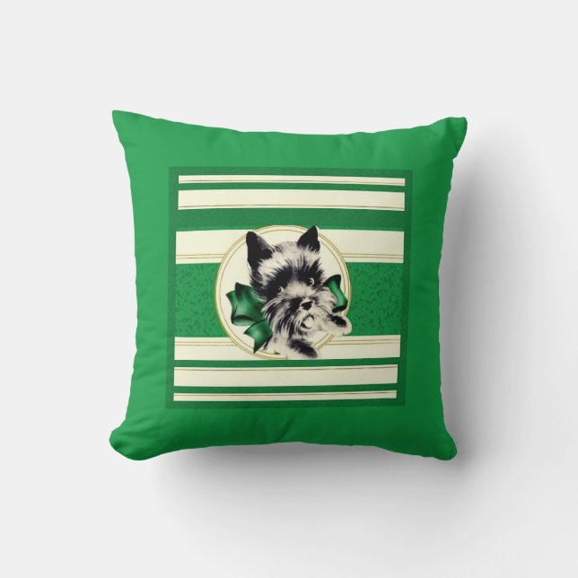 Coussin Scottie chien noir sur vert rayé arrière - plan (Recto)