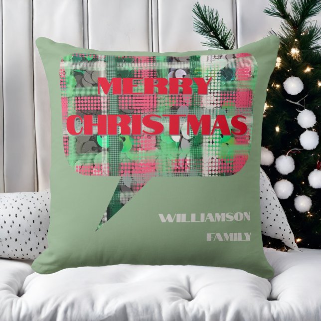 Coussin Script de Noël nom de famille vert rouge crème (Créateur téléchargé)