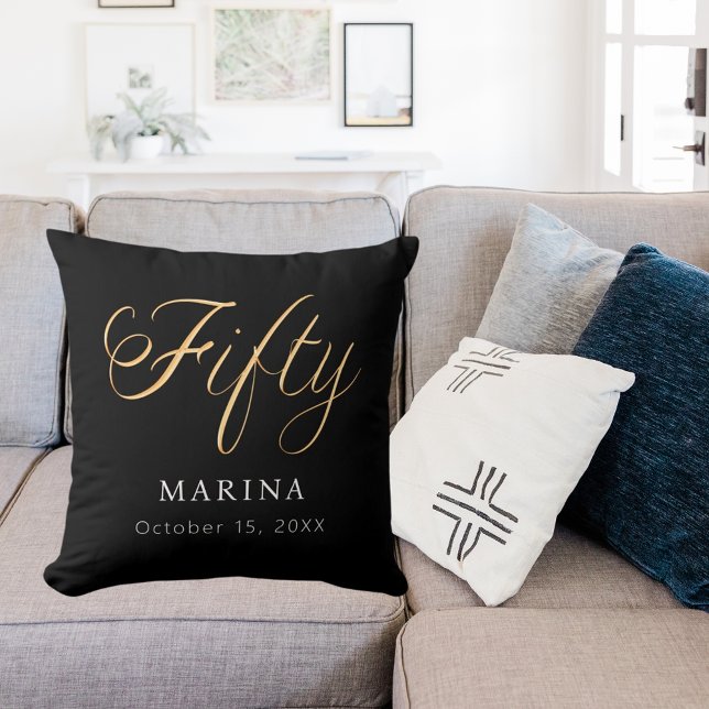 Coussin Script de nom en or noir 50e anniversaire (Créateur téléchargé)