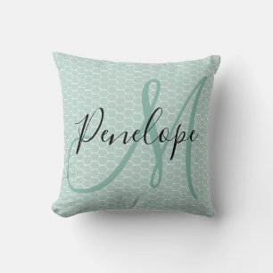 Coussin Script moderne Monogramme Honeycomb Turquoise