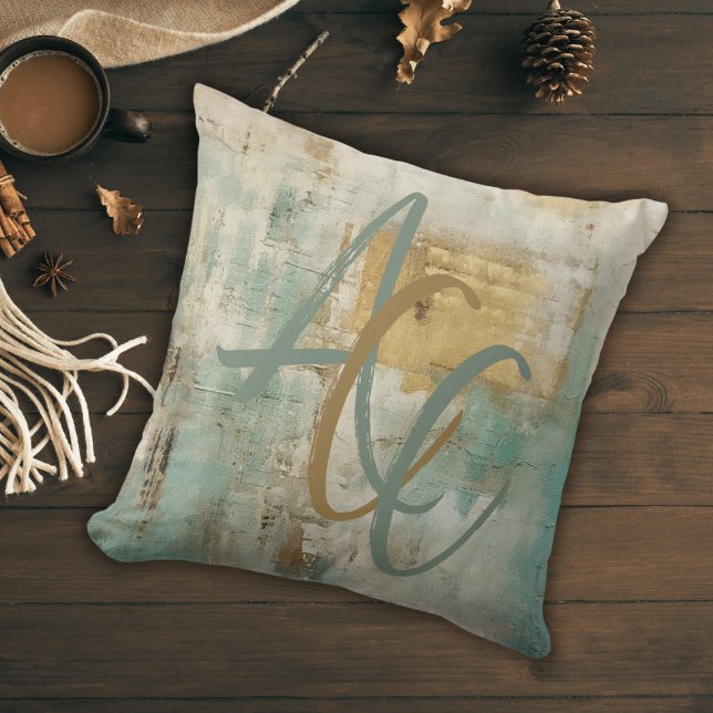 Coussin Script monogramme Automne Turquoise moderne (Créateur téléchargé)