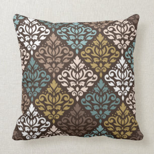 Coussin Scroll Damask Rpt Ptn Teals Browns Gold Crm White