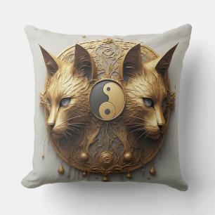 Coussin Sculpture de chat jumeaux dorés Yin Yang