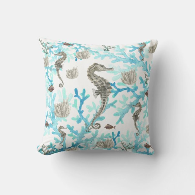 Coussin Seahorse Coral Vie marine Océanlife Turquoise Beig (Recto)