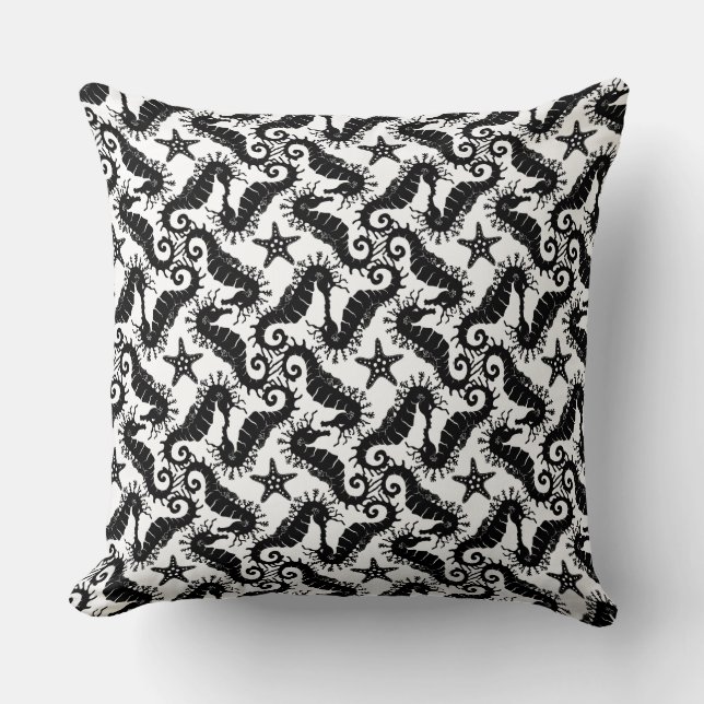 Coussin Seahorse et Starfish - Motif noir et blanc (Recto)