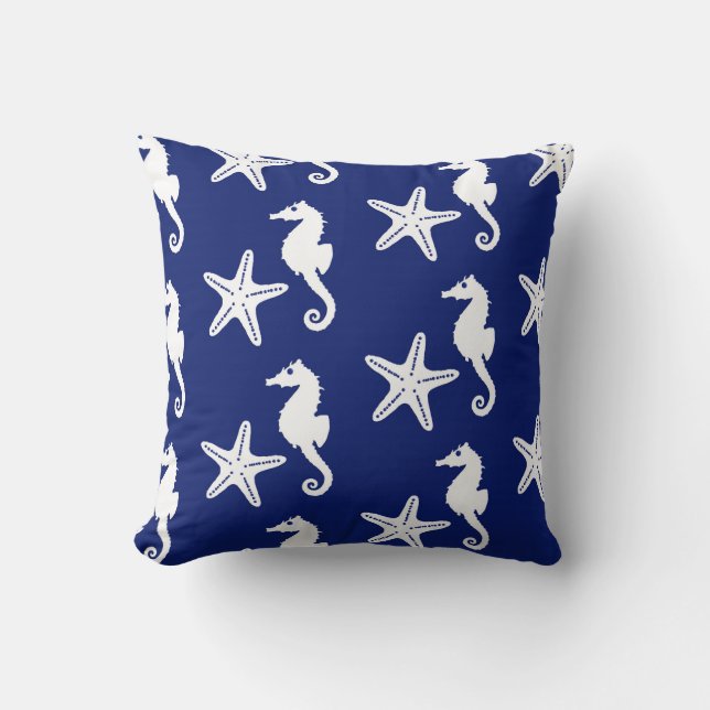 Coussin Seahorse & starfish - navy blue and white (Recto)