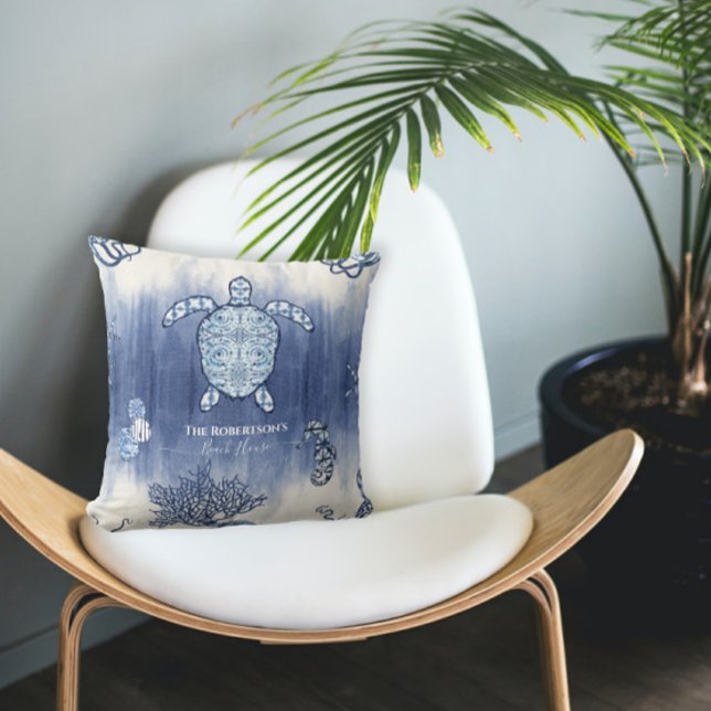 Coussin Seashell Beach House Marine Tortue de mer Nom du c (Créateur téléchargé)