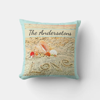 Coussin Seashells Beach mariage aquarelle corail bleu turq