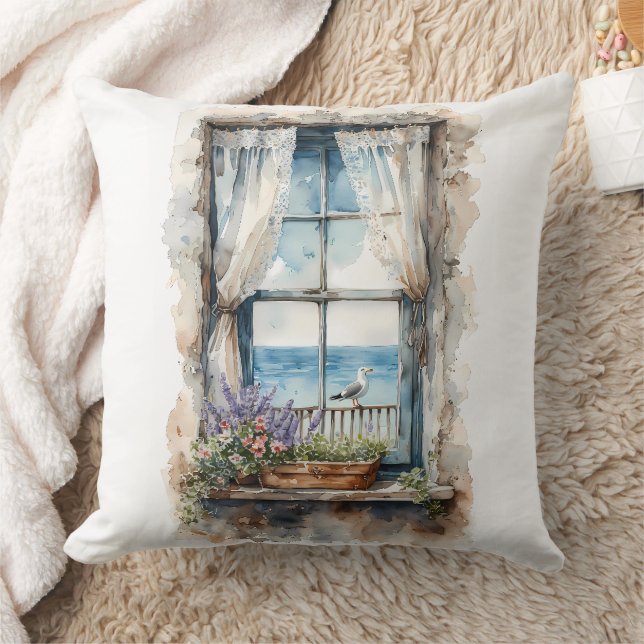 Coussin Seaside Window View Watercolor Coastal Scene (Couverture)