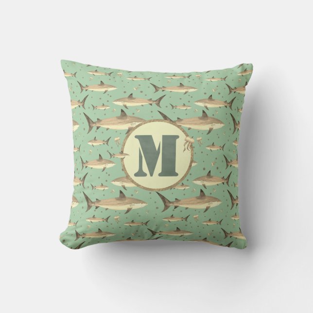 Coussin Sepia Tone Aquarelle Monogramme Requins Jellyfish (Recto)