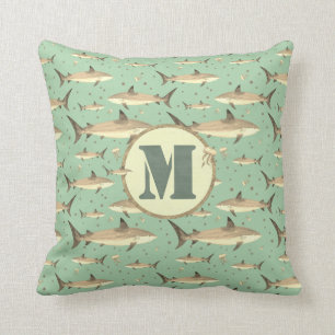 Coussin Sepia Tone Aquarelle Monogramme Requins Jellyfish