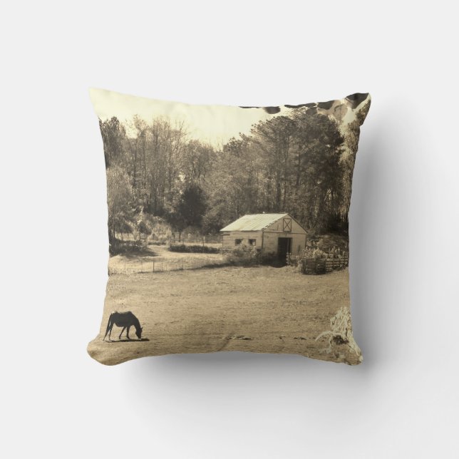 Coussin Sepia Tone Photo de Cheval marron avec fleurs (Recto)