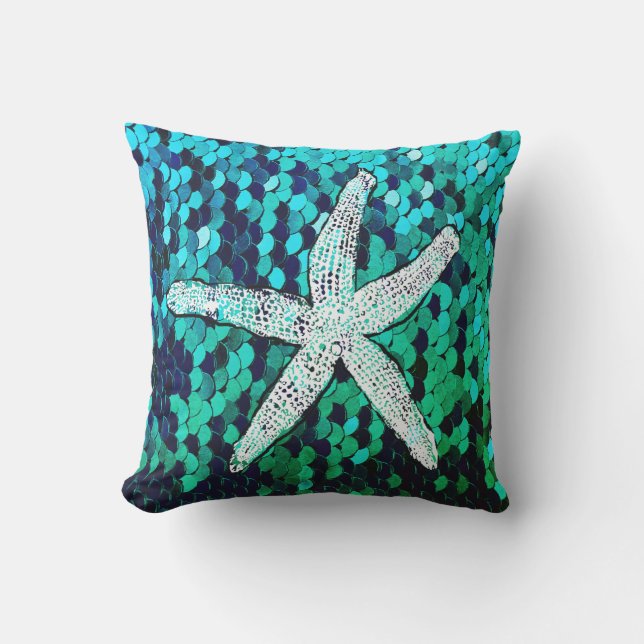 Coussin Séquences de sirènes de la langouste blanche bleue (Recto)
