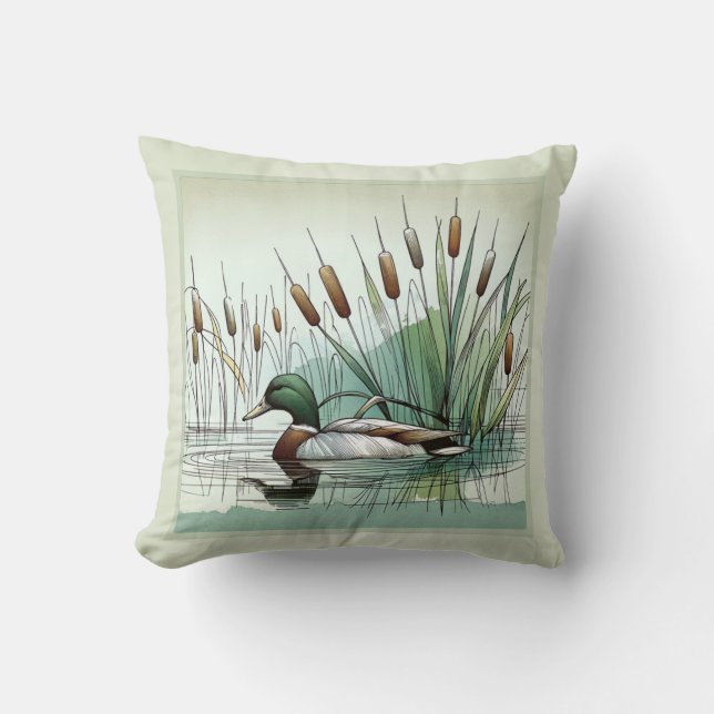 Coussin Serene Marshland Mallard Duck au milieu des roseau (Recto)