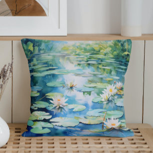 Coussin Sérénité de l'étang aux lys à l'aquarelle
