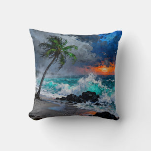Coussin Sérénité orageuse : Pluie et vent sur une plage au