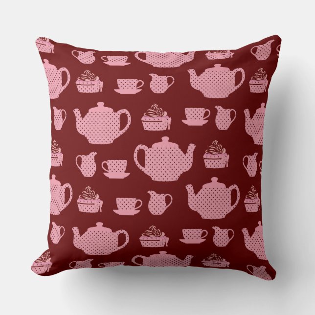 Coussin Set de thé à base de pois rose sur Motif bourgogne (Recto)