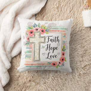 Coussin Shabby Chic floral Foi Espoir Amour
