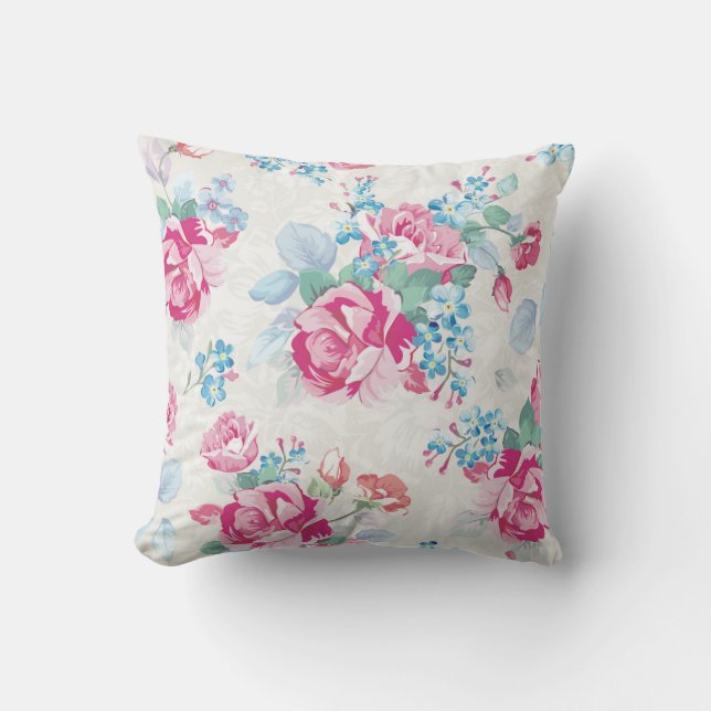Coussin shabby chic, rose floral, tendance, girly, élégant (Recto)
