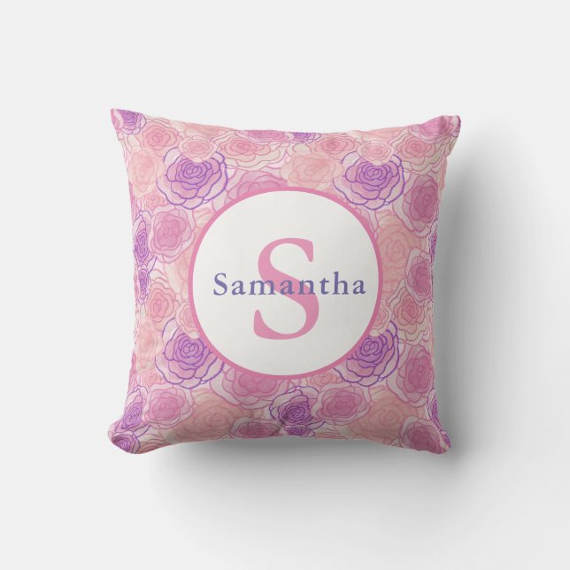 Coussin Shabby Chic Roses Rose Personnalisé Monogramme (Recto)
