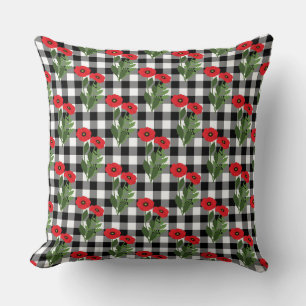 Coussin Shabby Chic Rouge, Coquelicots Noirs et Blancs à C