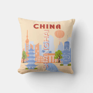 Coussin Shanghai Chine Rétro Pastel Art de Voyage
