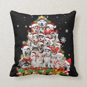 Coussin Sibérie des lumières des arbres de Noël   chien