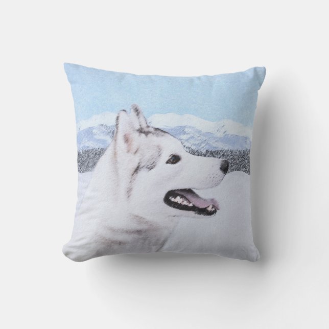 Coussin Sibérie Husky (argent et blanc) Peinture Chien Art (Recto)