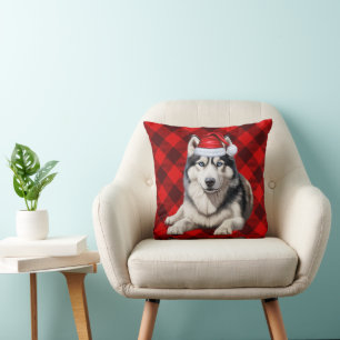 Coussin Sibérie Husky Chien Buffalo Plaid Noël