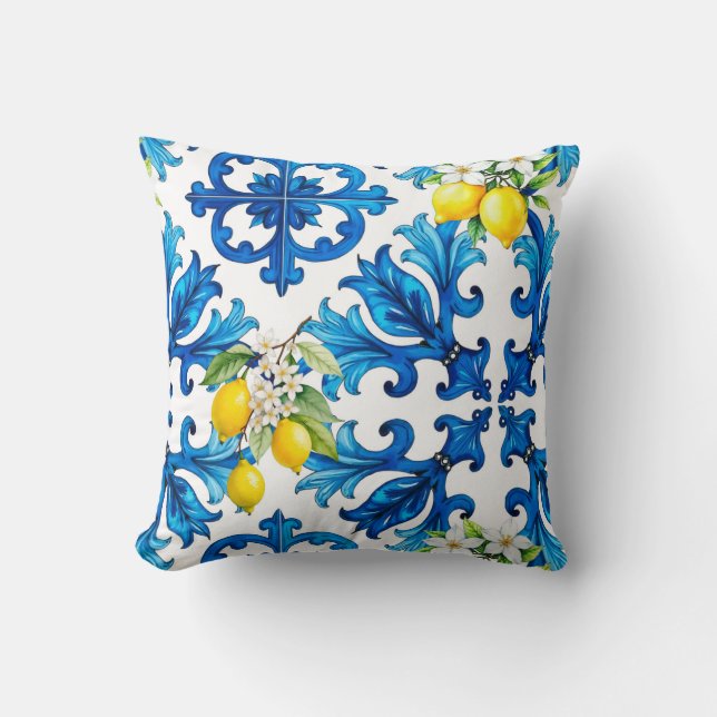 Coussin sicilien, été, citron, mosaïque, bleu (Recto)