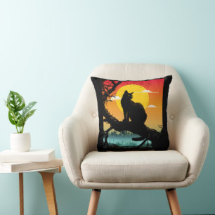 Coussin Silhouette de chat et d'arbre au coucher du soleil