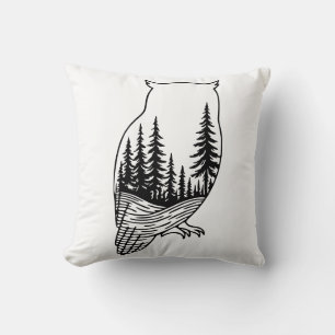 Coussin Silhouette de hibou avec scène forestière