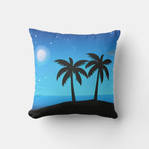 Coussin Silhouette de l'île tropicale avec lune et étoiles