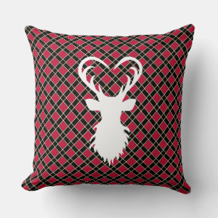 Coussin Silhouette de rennes sur à damiers noir et rouge