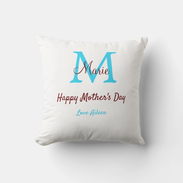 Coussin simple minimum jour mère bleu monogramme rose nom (Recto)