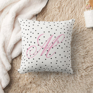 Coussin Simple monogramme à pois en aquarelle noir et blan