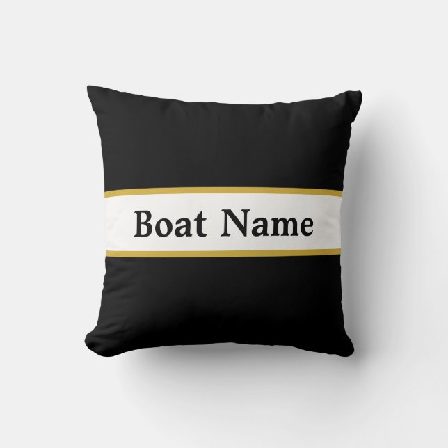 Coussin Simple noir blanc et or avec nom de bateau (Recto)