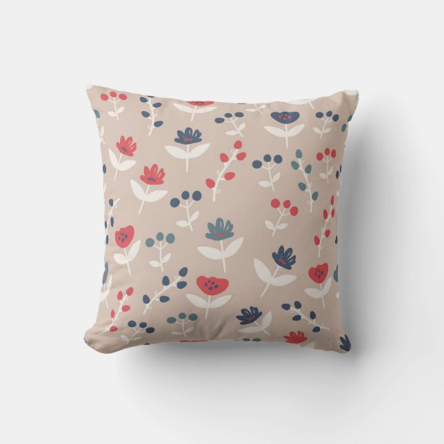 Coussin Simple Rouge Bleu Floral Pays Ferme Élégante (Recto)