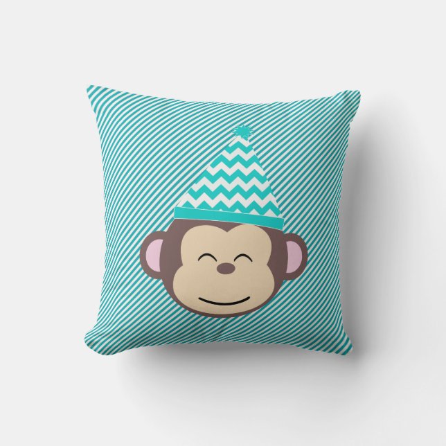 Coussin Singe sur le carreau diagonal bleu de rayure (Recto)