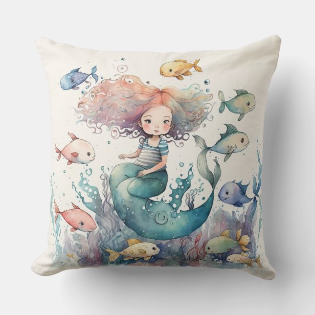 Coussin Sirène lunaire sous l'aquarelle des poissons de me (Recto)
