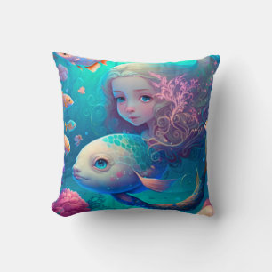 Coussin Sirène nager avec le poisson mignon pilon jetez