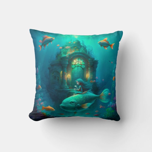 Coussin Sirène nager avec le poisson mignon pilon jetez (Recto)