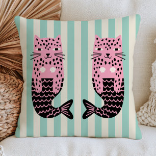 Coussin Sirènes léopard sur motif rayé nautique fantaisist