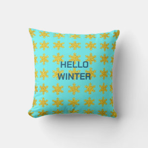Coussin Snowflake Motif hiver Typographie Or Bleu