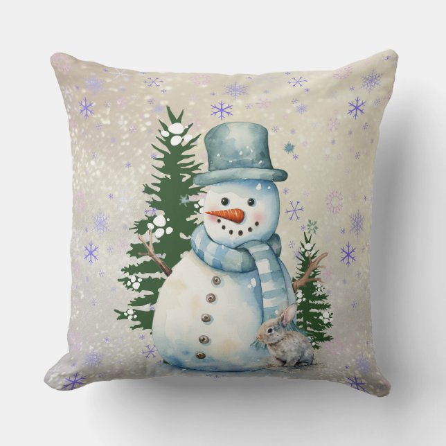 Coussin "Snowman en chute de neige" avec lapin et arbres (Recto)